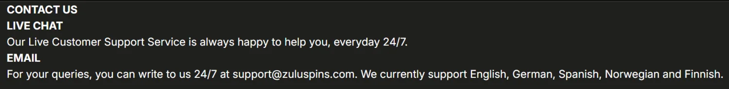 ZuluSpins Casino Customer Support